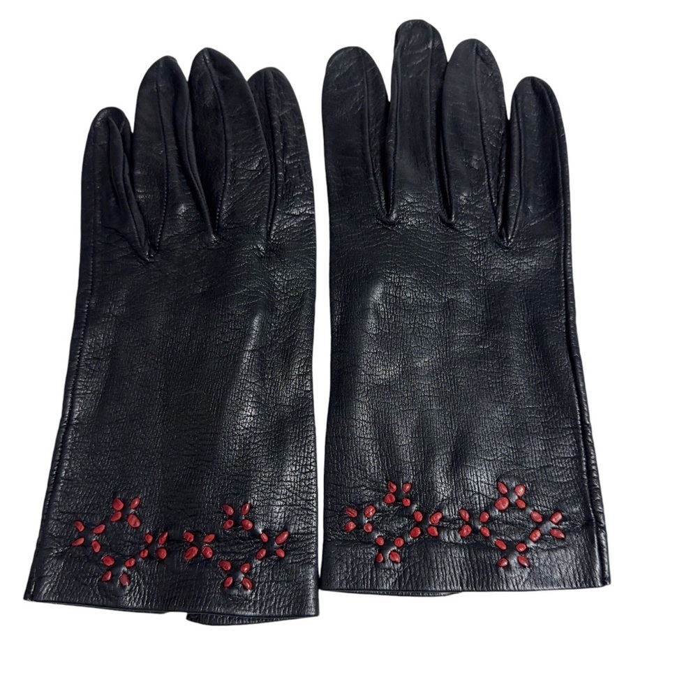 Womens Vintage Leather Gloves with Red Embroidered Accent Unlined